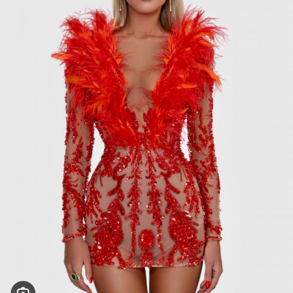 ALBINA DYLA Vibrant Red Feather-Trimmed Dress